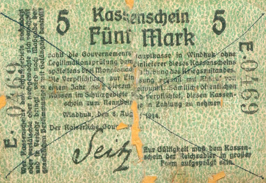 Нотгельд Виндхука в 5 марок 1914 года (лицевая сторона)