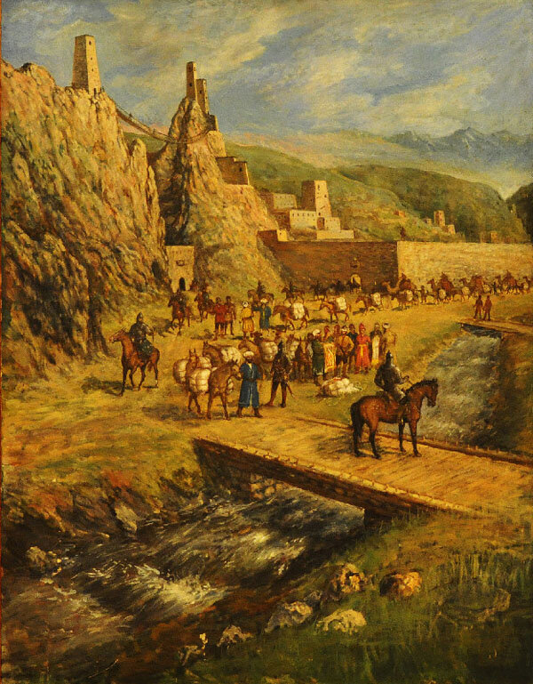 А так видит наш современник — художник Имагожев Хож-Ахмед Абдул-Саламович, который на своей картине «Шёлковый путь» изобразил отрезок «Великого шелкового пути», проходившего через древнеингушский город Магас: по тем временам это был крупный мегаполис мира.