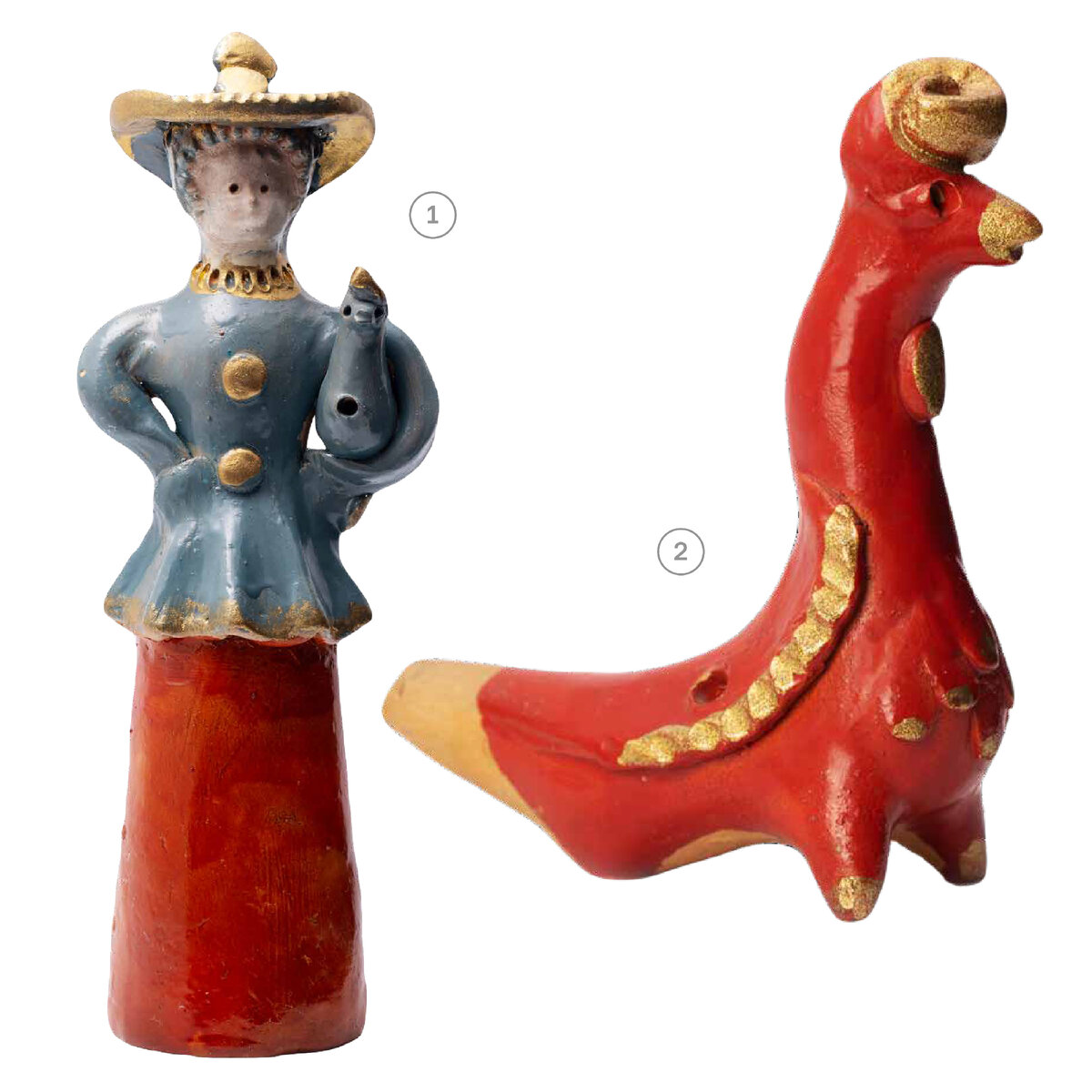 1. Игрушка «Барыня с птицей-свистулькой». Пензенская обл., Беднодемьяновский р-н, с. Абашево. 1968 год. Автор: Зоткин Т. Н. Глина, лепка, роспись. 2. Игрушка-свистулька «Птица». Пензенская обл., Беднодемьяновский р-н, с. Абашево. 1979 год. Автор: Зоткин Т. Н. Глина, лепка, роспись. 