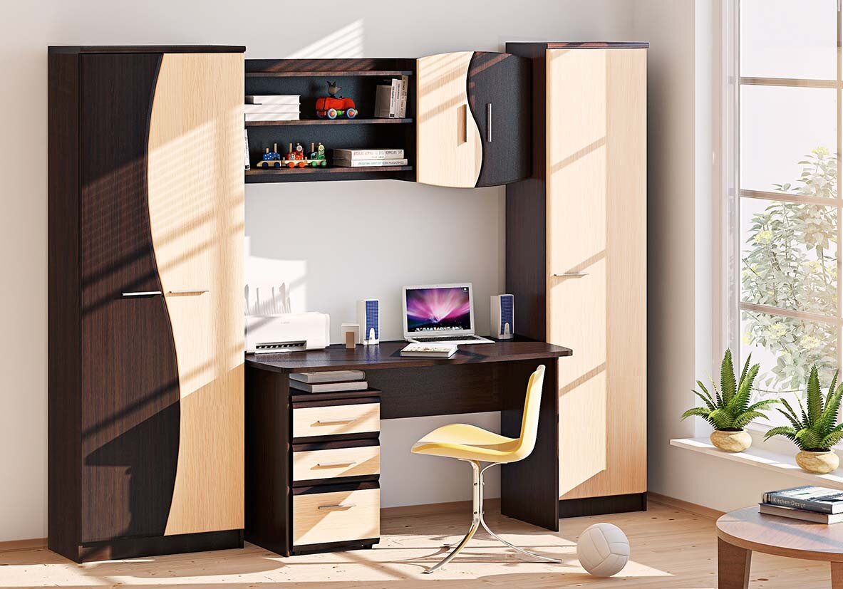 мебельная стенка в детскую пример. Комбинация 2х цветов - Венге (темный оттенок дерева) Дуб молочный (светлый оттенок дерева)