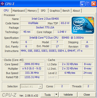 Характеристики Intel Core 2 Duo E8400 из CPU-Z.