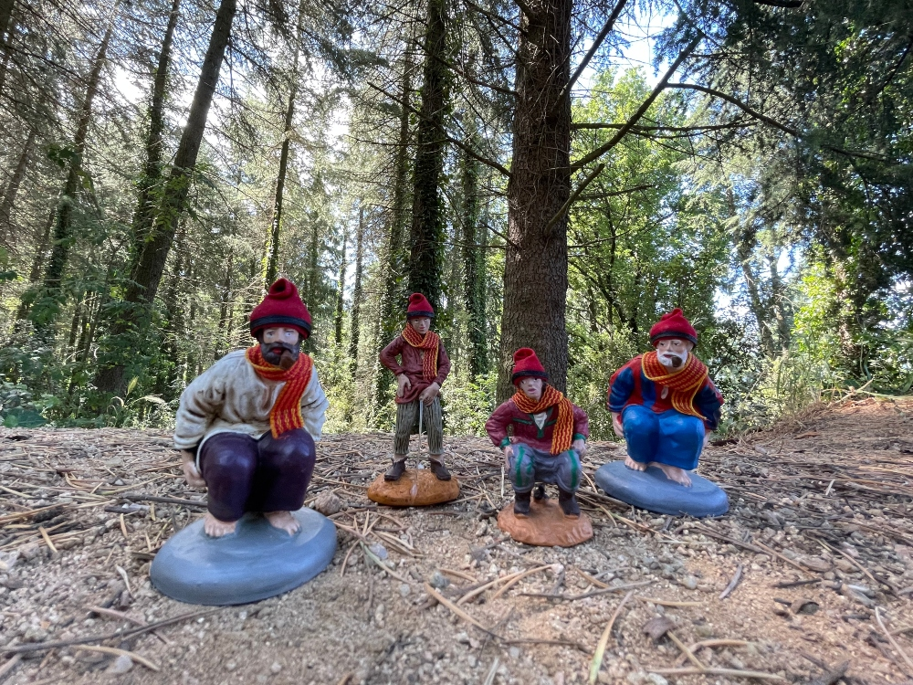 Это типичный каталонский крестьянин, одетый в пояс, шапку и с трубкой в губах изображенный сидящим на корточках, со спущенными бриджами и испражняющийся