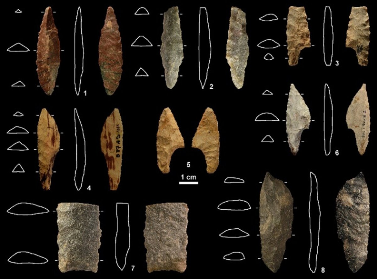 Наконечники из кремня и кварцита. Испания, пещера Эль-Буксу. Возраст 20000 лет. Francisco Javier Munoz et al. / Journal of Archaeological Science: Reports, 2023
