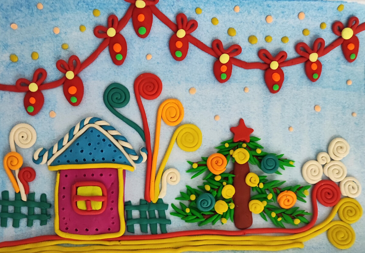 Аппликация из пластилина на картоне " Новый год во дворе". Пошаговая ...