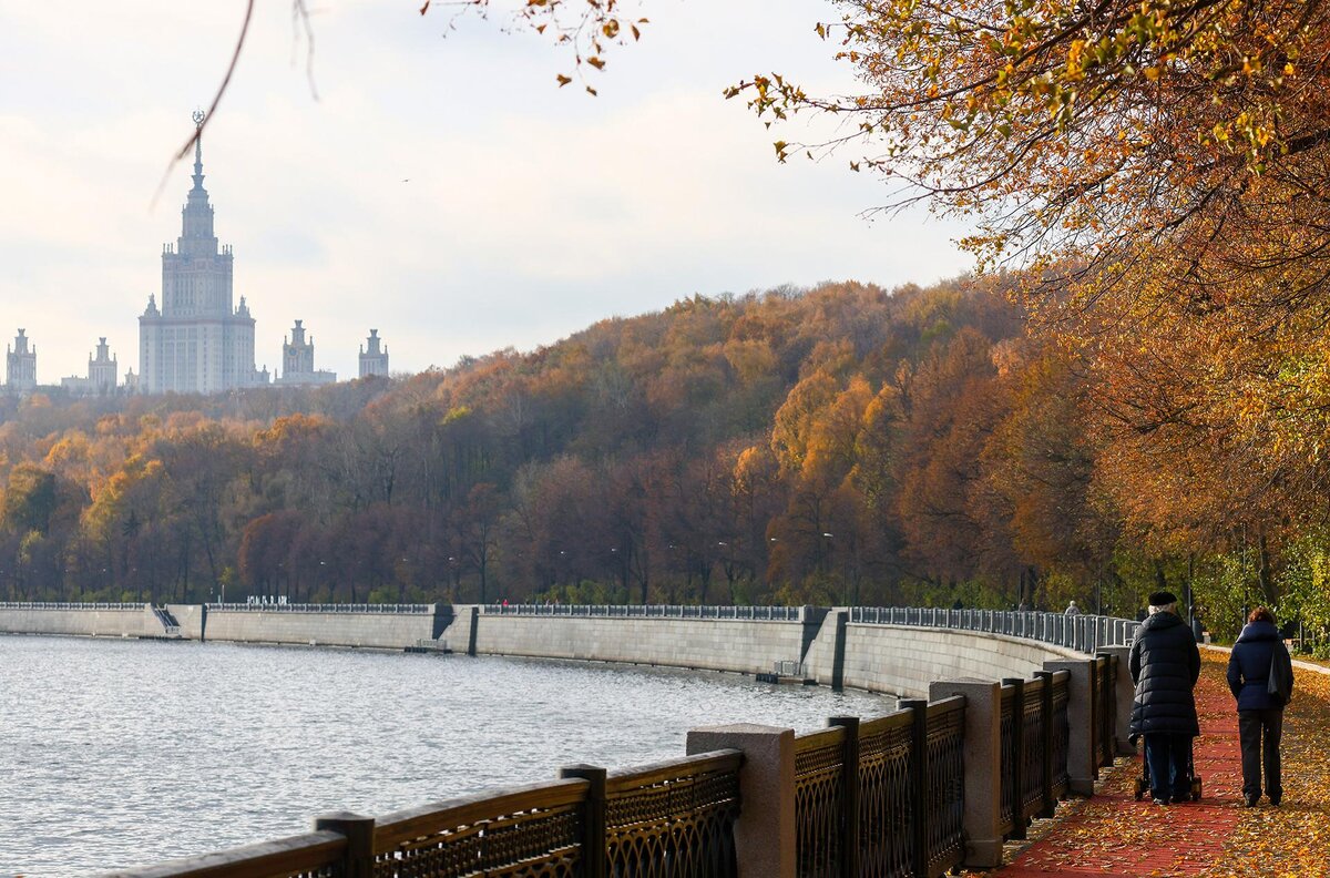 Александр Щербак/ТАСС📷Воробьевская набережная в Раменках. На втором плане — здание МГУ им. М. В. Ломоносова.