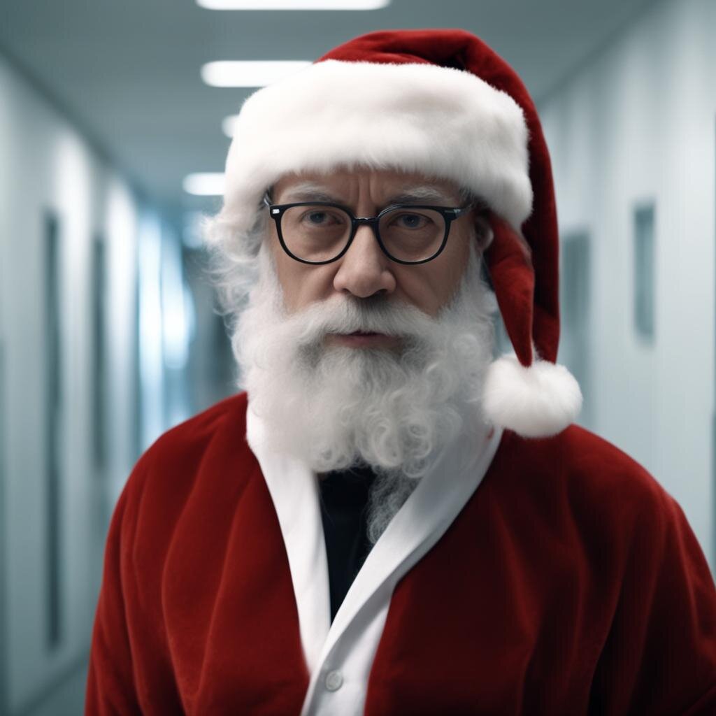 Врач психиатр в костюме Санта-Клауса. Нейросеть Kandinsky 3.0,