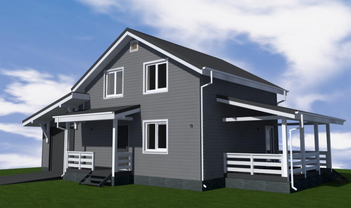 Визуализация внешнего облика будущего дома, главный фасад. Проект разработан компанией Гудвилл