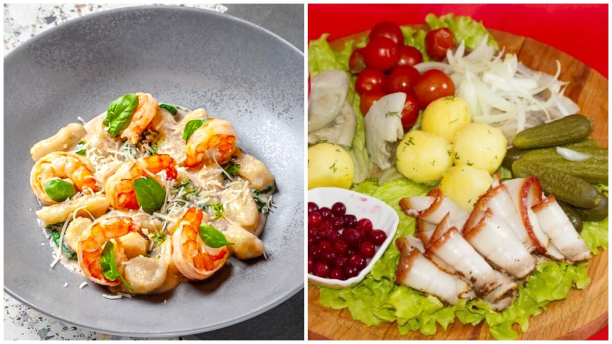 Слева ньокки, справа картошечка с салом