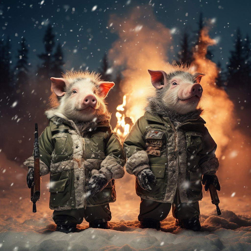 Хрюшки с опушки отмечают новый год. Нейросеть Midjourney.