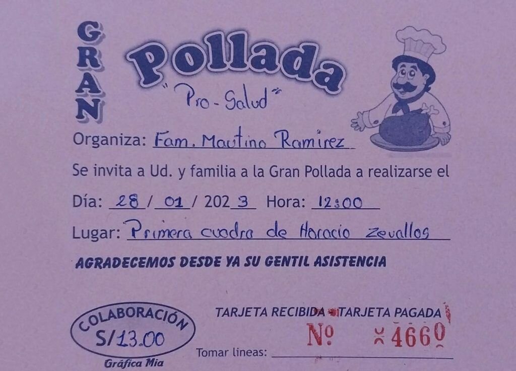 tarjeta de pollada, организована семьёй Рамирес - сокращённо Fam., источник изображения https://ancashnoticias.com/2023/01/23/ayudanos-a-ayudar-pollada-solidaria-para-recaudar-fondos-a-favor-de-la-hija-de-dona-blanquita-en-huaraz/?print=print