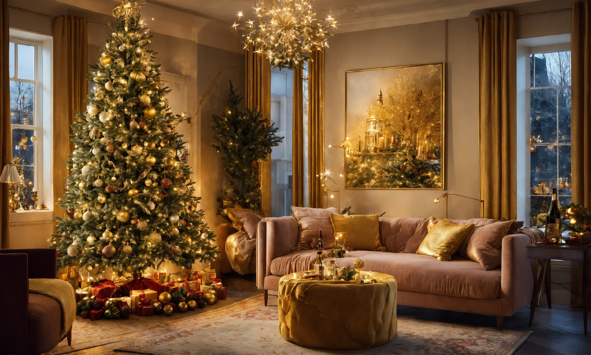 Новогодний интерьер в золотых оттенках 