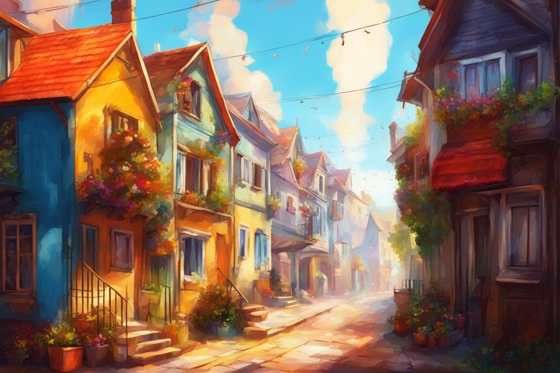 Бот телеграм Кандинский 3.0. Промт: The houses are small and colorful along the street. Comfortably. Sunny. Nicely. Hyperdetalization