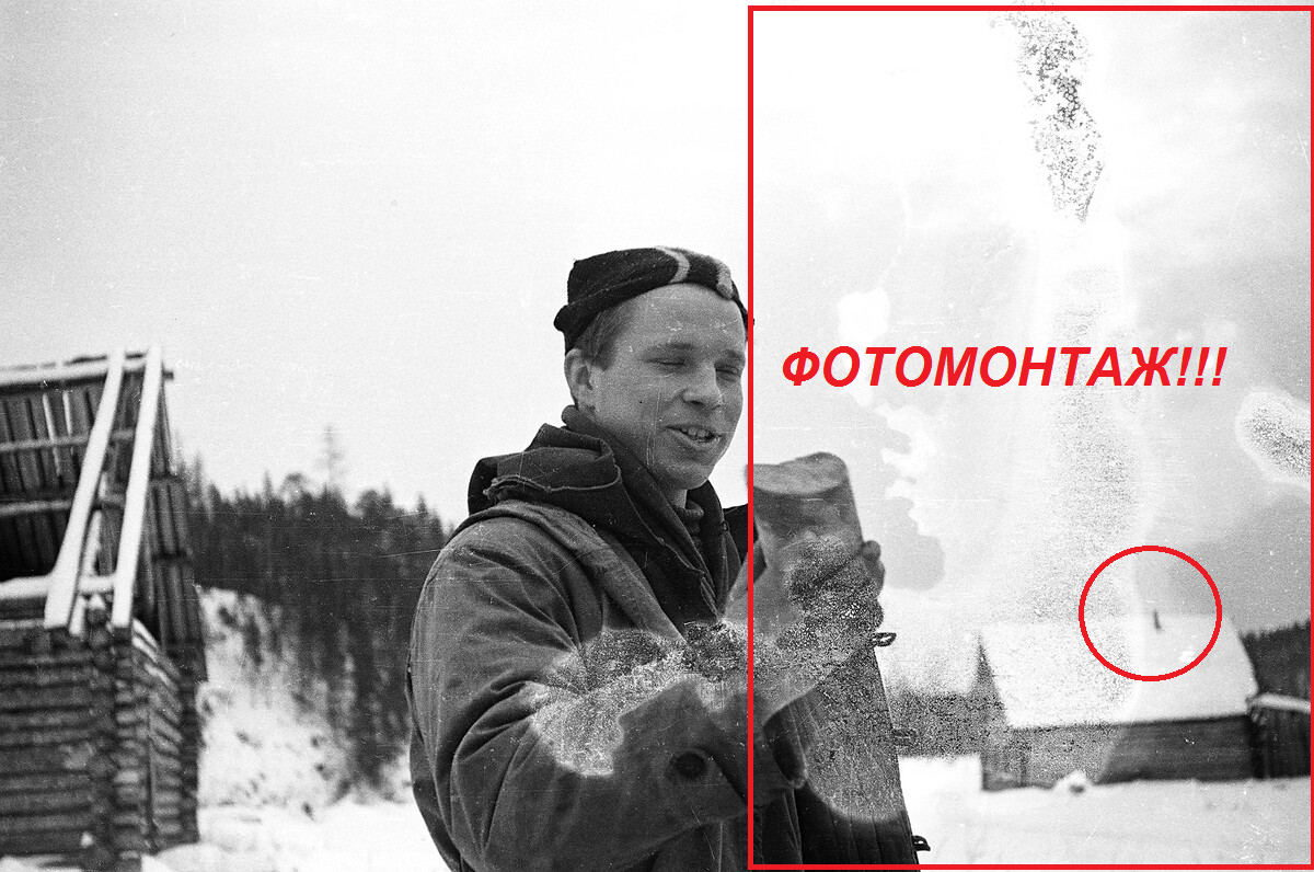 Фото 1. Вся правая часть этой фотографии является фотомонтажем. При этом Иванов на избе справа пририсовал трубу (выделена красным кружком).