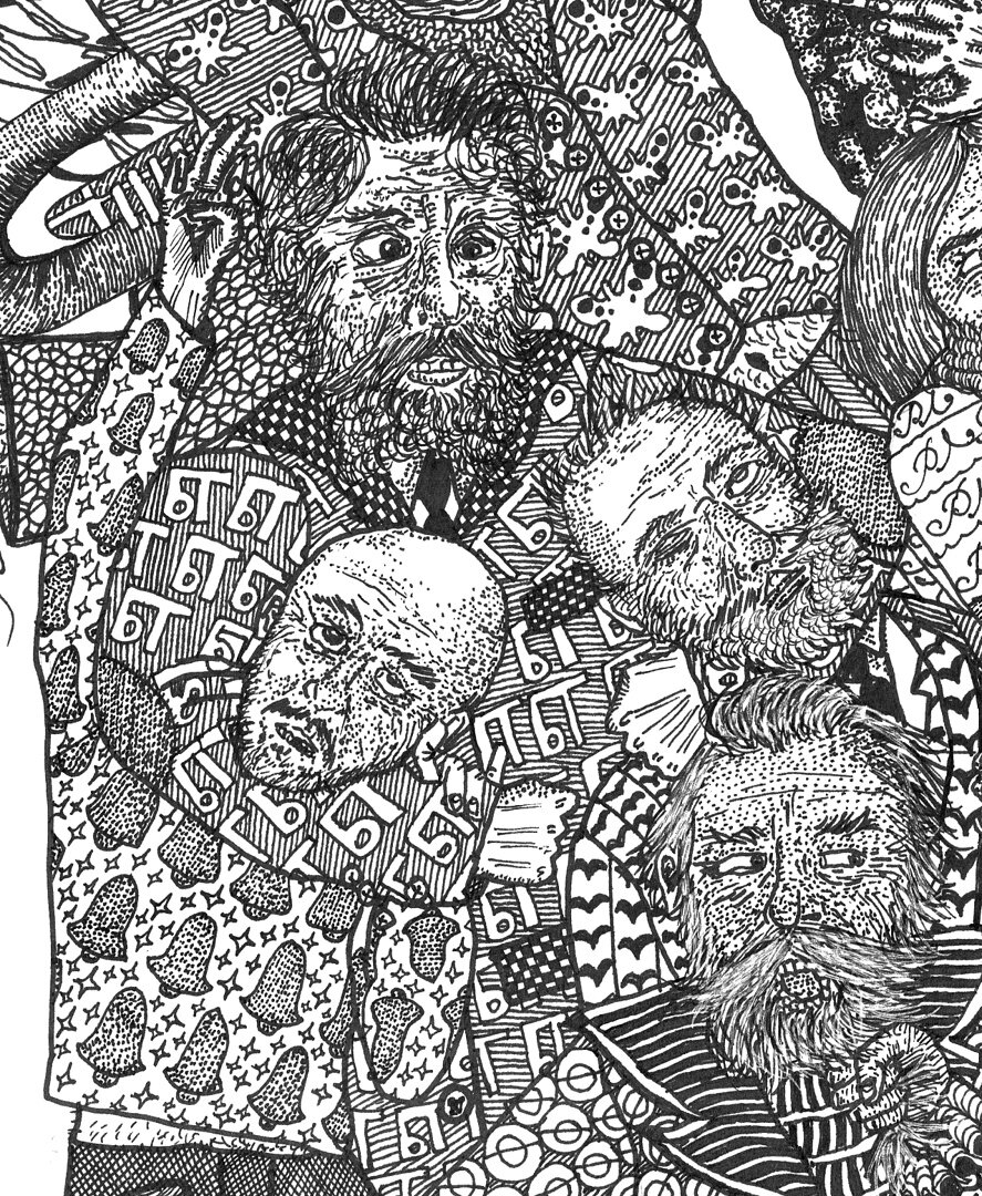 Модест Мусоргский. Душит Чайковского и Нильса Фрамма. Пиджачок расшит, конечно же, оперой Борис Годунов, где мальчики кровавые в глазах.