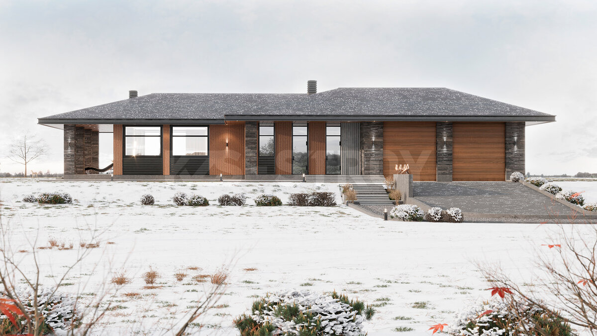 Проект «Регор» — одноэтажный дом 208 м² с фасадом из планкена и клинкерного кирпича