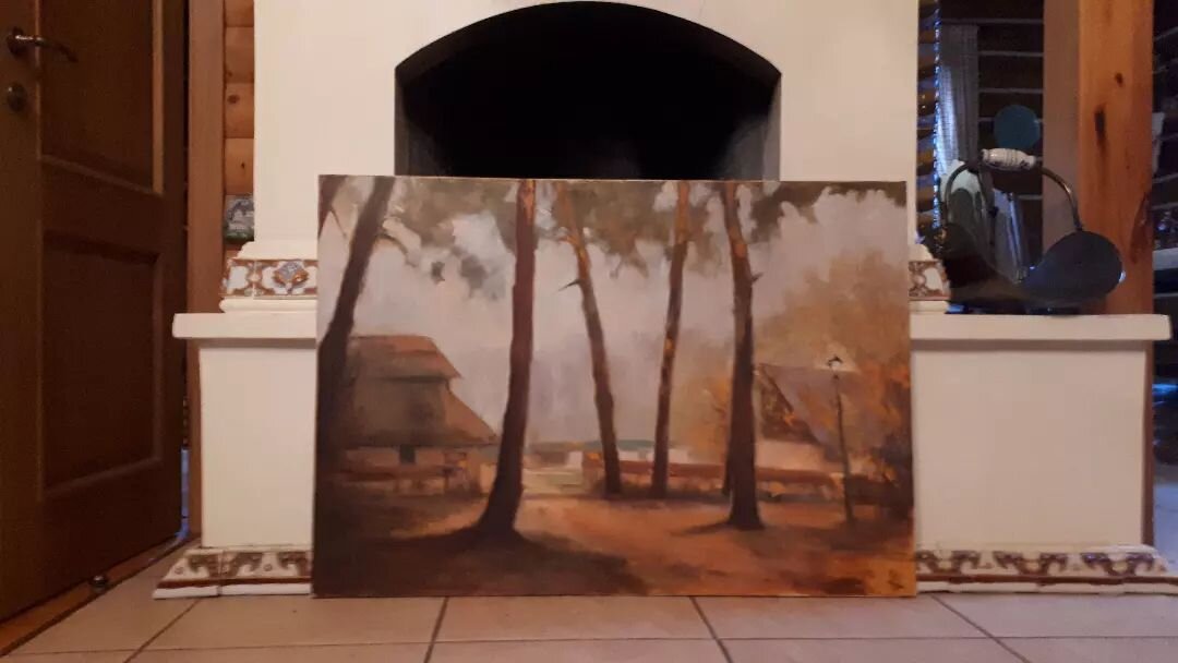 Утро на конюшне. 100×70