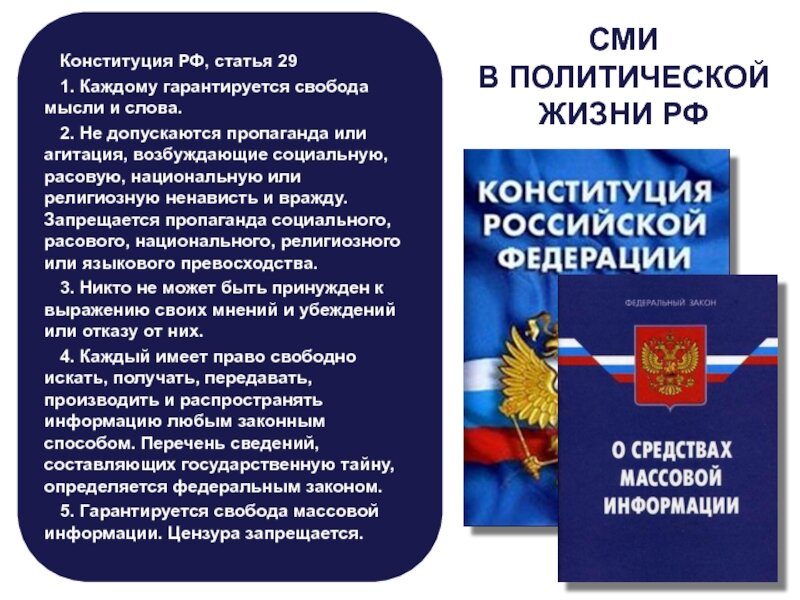 Конституция часть 2 статья 4. Статья 29 Конституции РФ. Свобода слова Конституция. Цензура запрещена Конституцией статья. Свобода мысли Конституция.