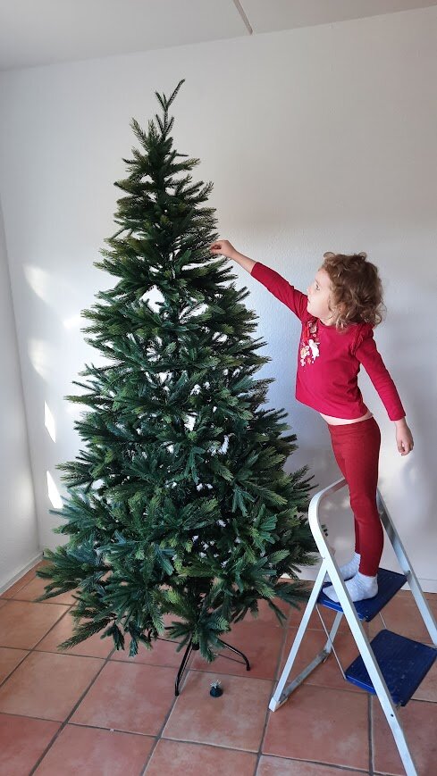 Младшенькая пытается дотянуться до макушки, но даже стремянка не помогает