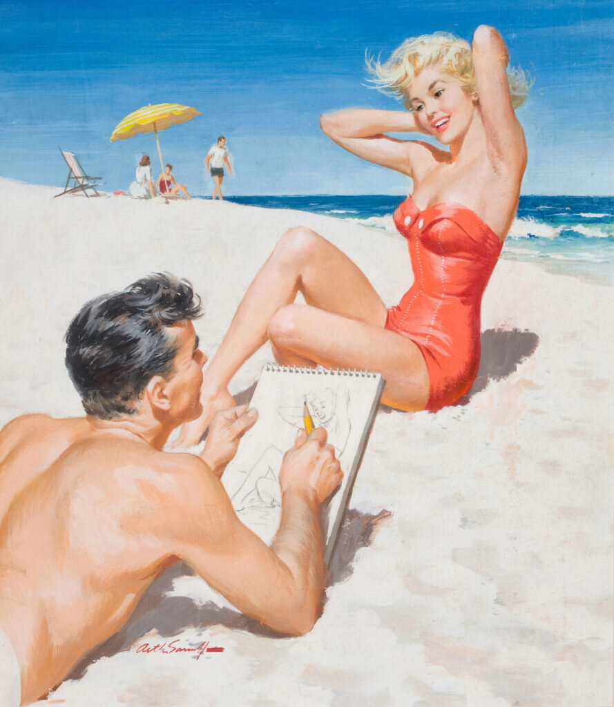 Жену на пляже муж смотрит