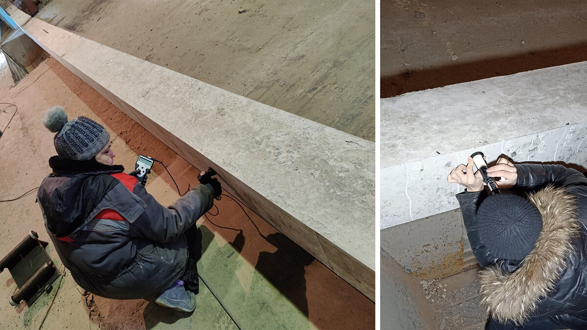 Измерение прочности бетона (слева). Измерение ширины раскрытия трещин (справа)