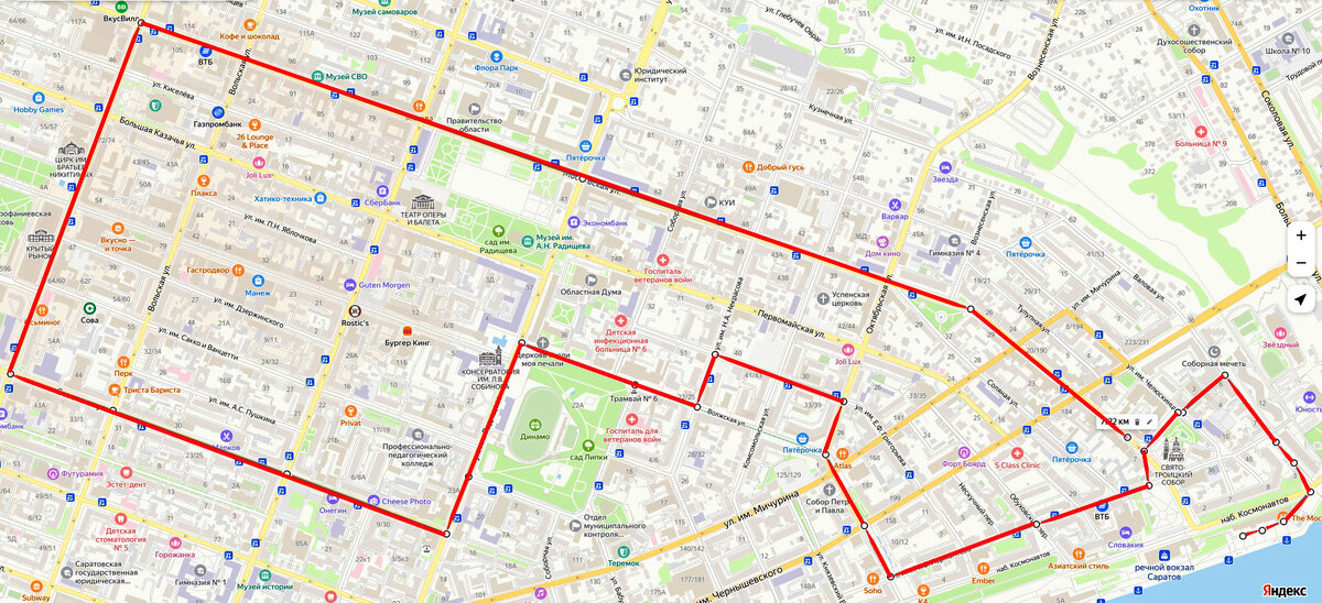 Маршрут экскурсии на Яндекс Карте.