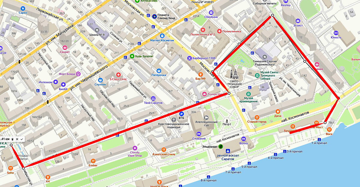 Маршрут экскурсии на Яндекс Карте.