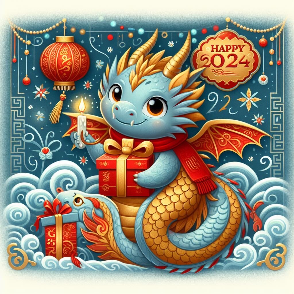 Аттеншион: не стоит так держать свечку. Немного смущает глаз над подарком на конце хвоста, но и тут получился милашка