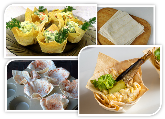 Лаваш нарезать на квадраты или кружочки, уложить в формы для кексов, запечь в духовке