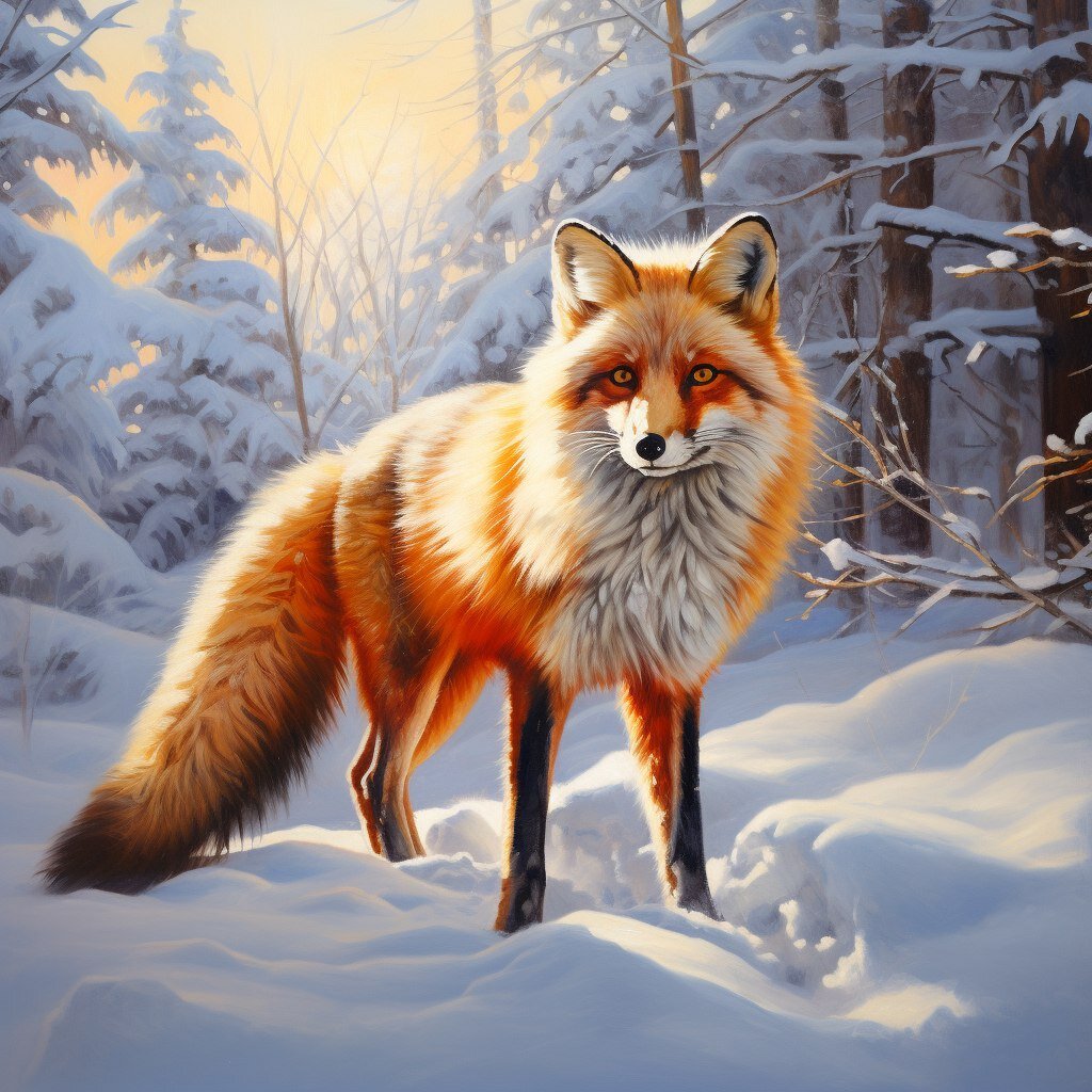 Лиса в зимнем лесу. Нейросеть Midjourney.