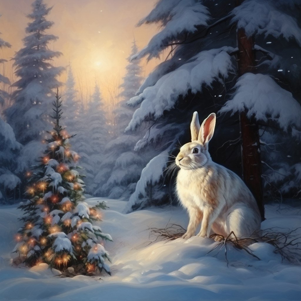 Заяц у рождественской ели в лесу. Нейросеть Midjourney.