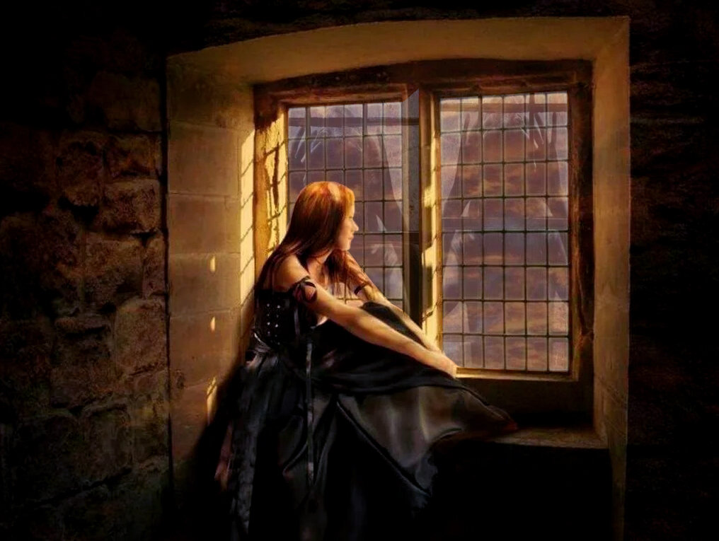 Девушка смотрит в окно, за которым тьма... Коллаж из сетевых файликов
