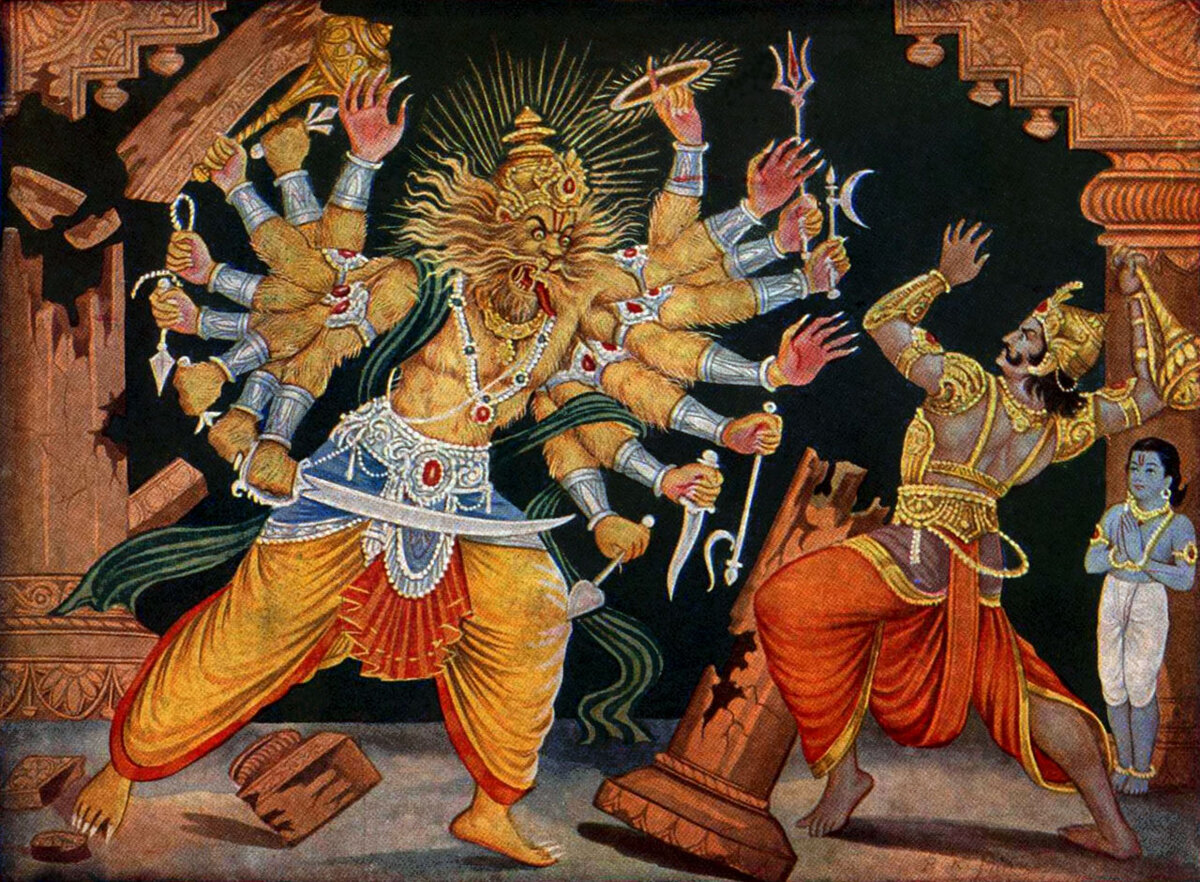 Хираньякашипу сражается с Нарасимхой, аватарой Вишну