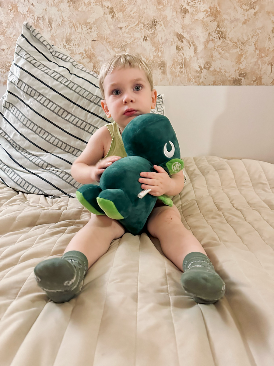 Дракончика полюбил, иногда берёт его с собой спать даже.