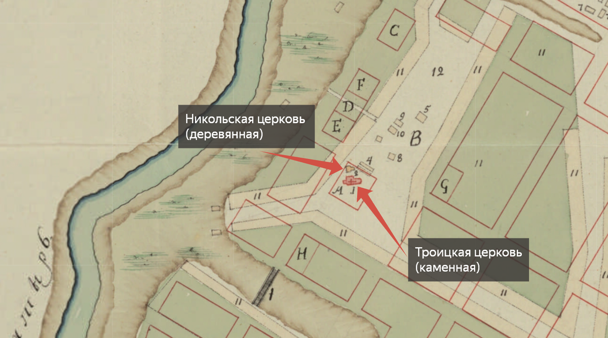 Троицкая и Никольская церкви города Ардатова на карте последней трети XVIII в. 