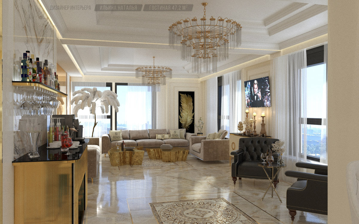 интерьер гостиной, напольная плитка панно в ковровой укладке