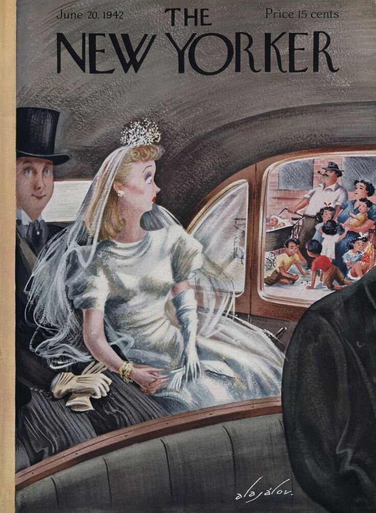 The New Yorker, June 20, 1942. Обложку, на которой невеста с некоторым ужасом взирает в окно на многодетную семью, создал Константин Аладжалов — художник-график, эмигрант первой волны, уехавший в Штаты в 1923 году. 