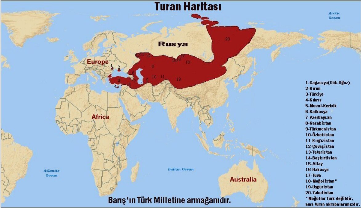 Карта Великого Турана с обозначением входящих в него территорий / Map of Great Turan with the designation of the territories included in it Источник: Turan Haritasi: [сайт]. URL: https://twitter.com/rizakaya_1919 (дата обращения: 20.11.2023).
