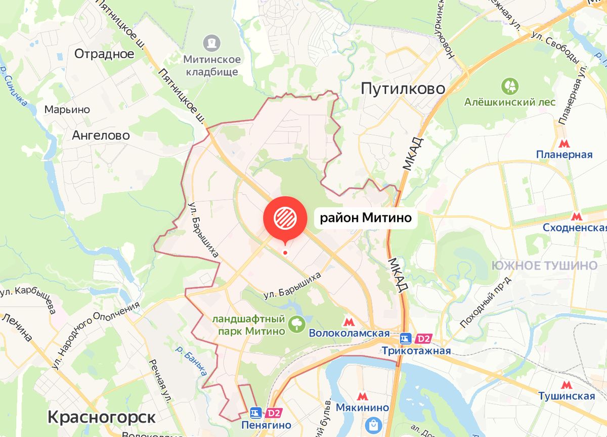 Границы района Митино на карте современной Москвы. Яндекс.Карты.