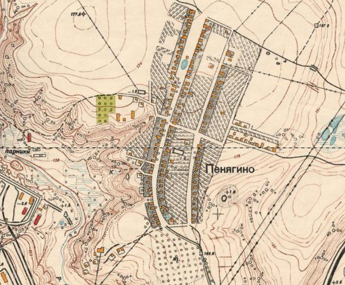 Границы деревни Пенягино на карте Москвы и её окрестностей 1952 года. С сайта www.retromap.ru.