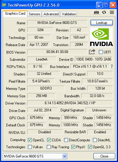Характеристики видеокарты Leadtek WinFast PX8600 GTS TDH в GPU-Z.