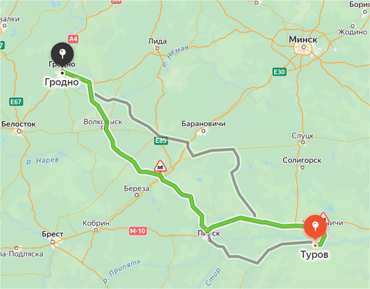 Туров - Гродно. Яндекс.Карты
