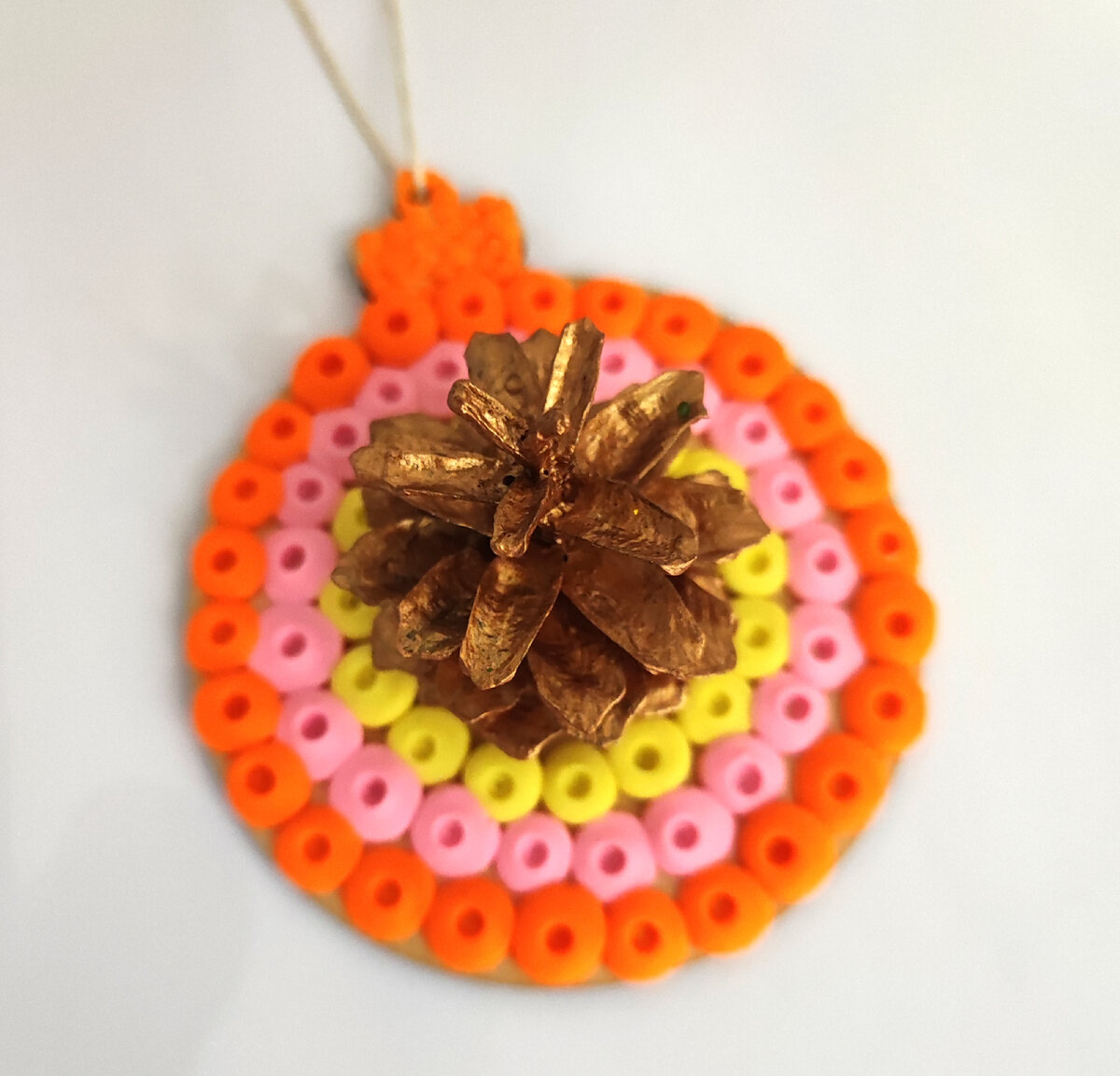 Готовый вариант поделки из сосновой шишки и пластилина на картоне 