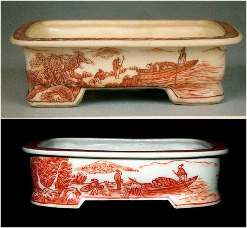 Оригинал (вверху) и копия (внизу) работы Юсена.  
Источник: https://japanesebonsaipots.net/2013/03/13/tsukinowa-yusen-part-2-2/
