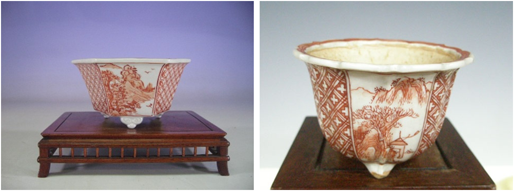 Стилистическая копия (слева) горшка Юсена (справа) .  
Источник: https://japanesebonsaipots.net/2013/03/13/tsukinowa-yusen-part-2-2/
