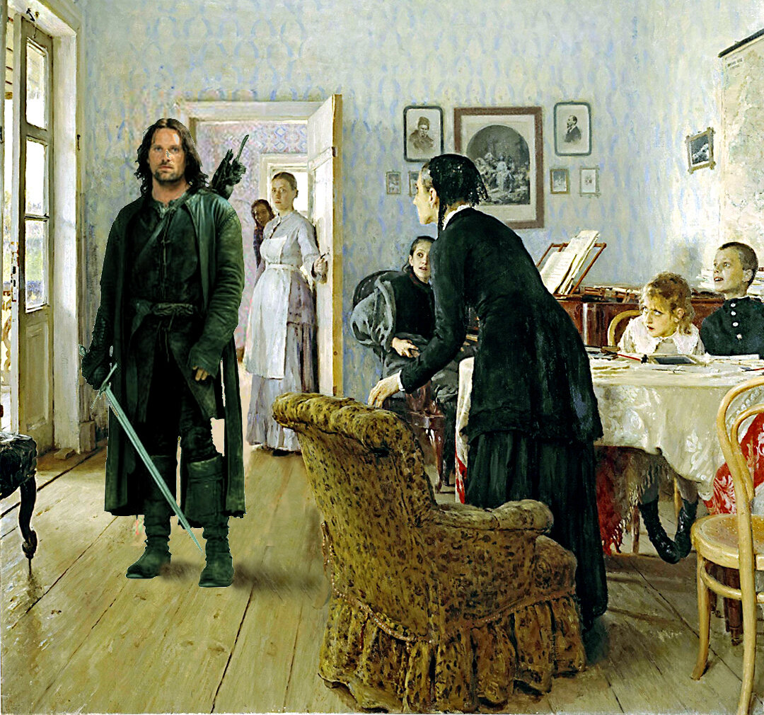 Коллаж автора из собственного фото картины И.Е. Репина «Не ждали» и фотографий из открытых источников