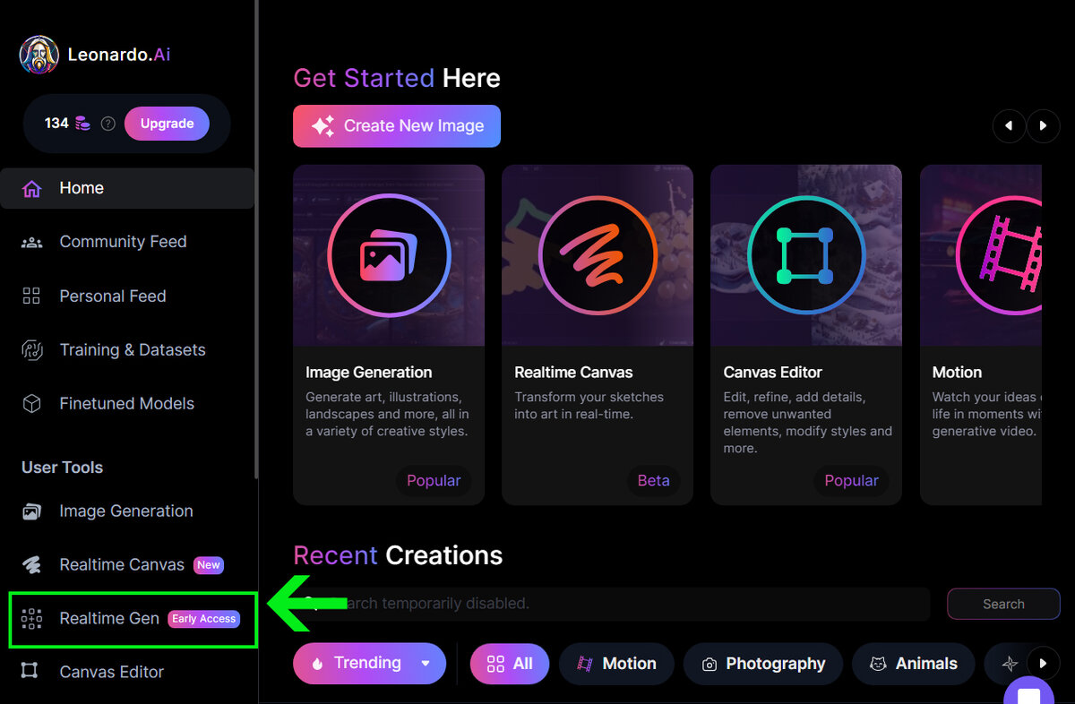 Домашняя страница платформы Leonardo AI.