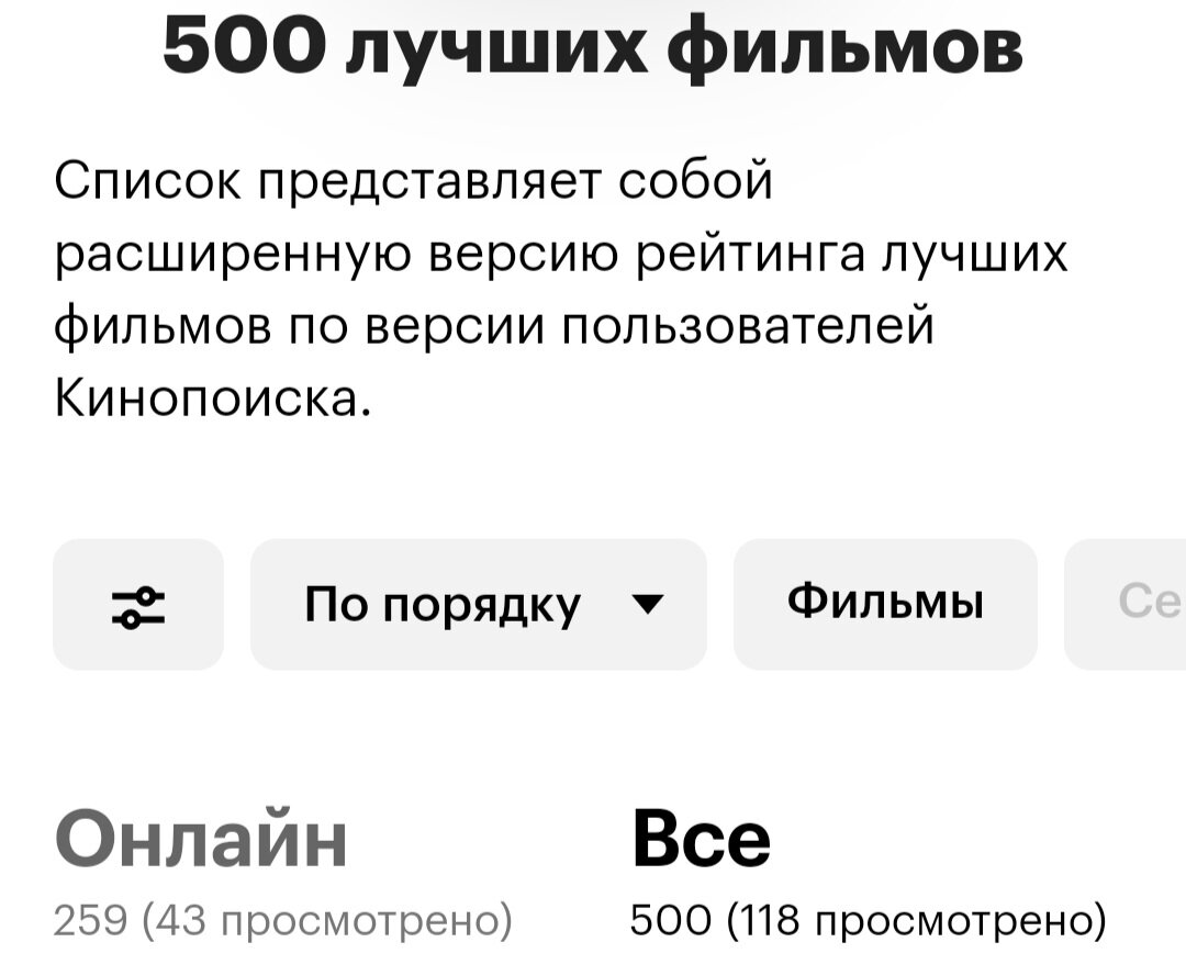 Сейчас количество просмотренных "лучших" составляет 118 фильмов. Многие "вылетели" из топ-500 за 7 лет, некоторые новые топовые фильмы я ещё не успела посмотреть.