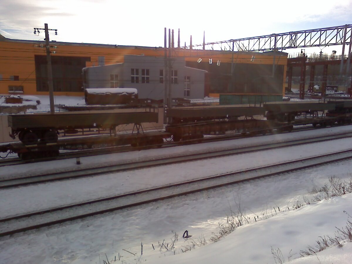 Грузовой поезд. Вагоны-платформы с полуприцепами "НефАЗ-9334". (Фото автора).