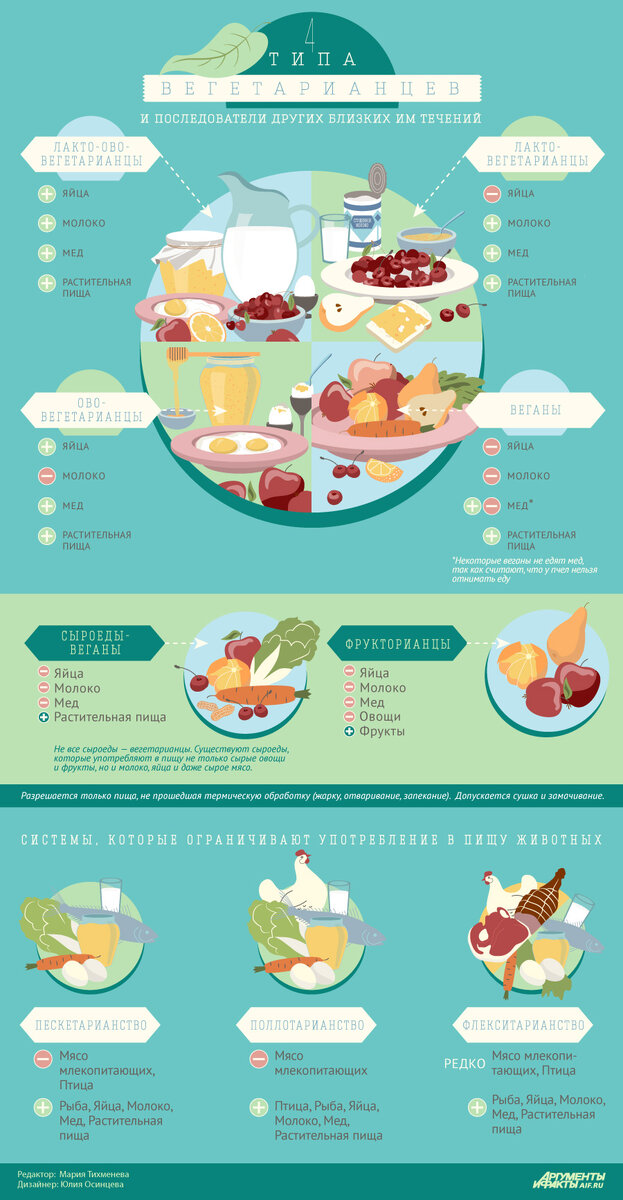 Виды веганства и вегетарианства Источник: https://aif.ru/food/diet/4_tipa_vegetariancev_chem_otlichayutsya_vegany_ot_fruktoriancev 