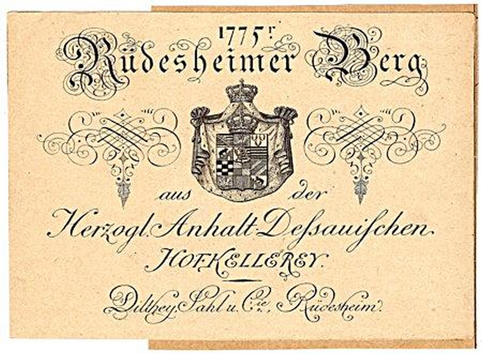 Старейшая этикетка вина урожая 1775 года, Rudesheimer Berg, Dilthey Sahl & Co